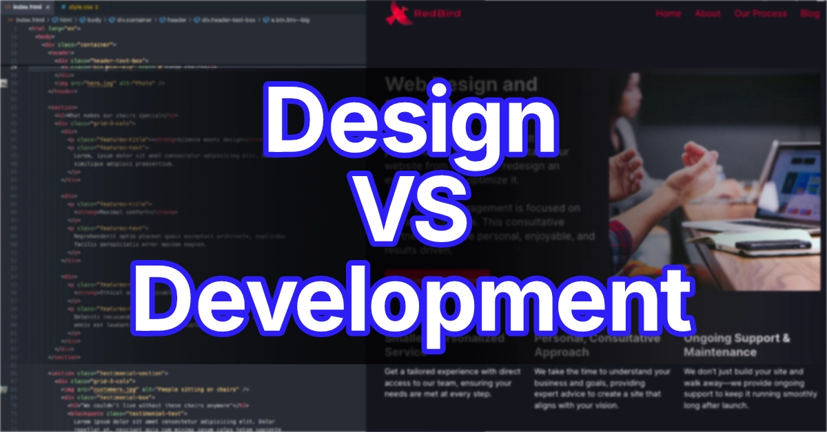 Image showing lines of code on one side and a web page with design on the other side. Overlayed on top is a darkened blur with bold letters saying "Design VS Development"